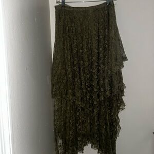 Free People Olive Green Asymmetrical Lace Tiered Skirt